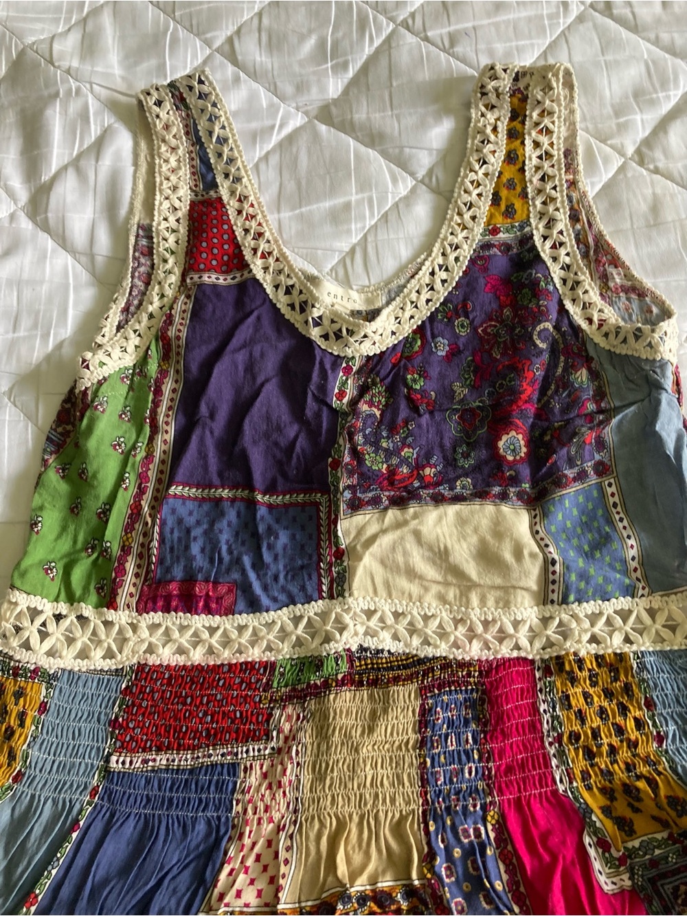 Boho Multicolor Patchwork Cotton Top with Crochet Trim Sleeveless Size M Hippie - Picture 2 of 7